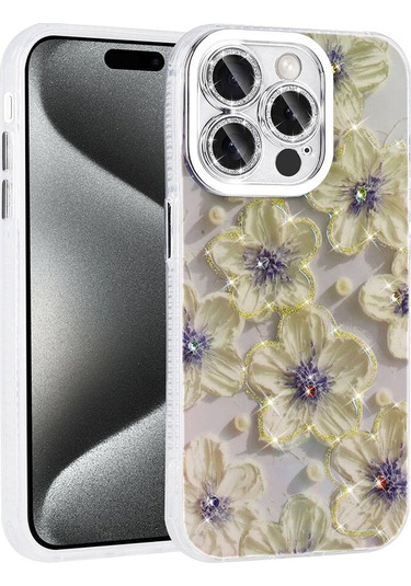 Tuva Teknoloji İphone Uyumlu 15 Pro Max Kılıf Çiçek Desenli Parlak Taşlı Sert Silikon Garden Kapak Mavi