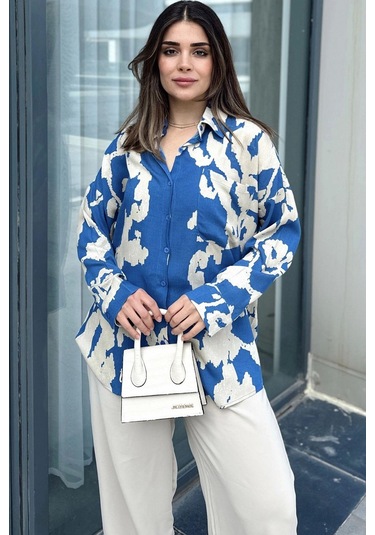 Kadın İndigo Uzun Kol, Arkası Pliseli, Salaş Dökümlü, Viskon Gömlek Indigo