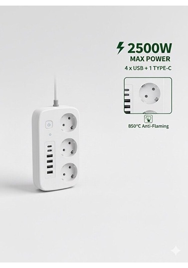 2500w Çoklu Priz 2 Metre - 3 Lü Ac Priz +5 Usb Çıkışı Akım Korumalı Alev Almayan Gövde, 0.12 M