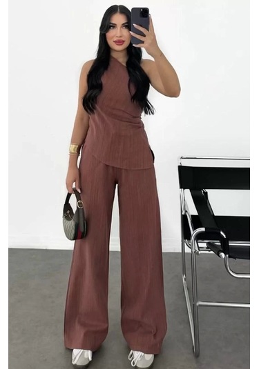 Kadın Keten Asimetrik Tek Omuzlu Bluz Pantalon Takım- Bordo Bordo