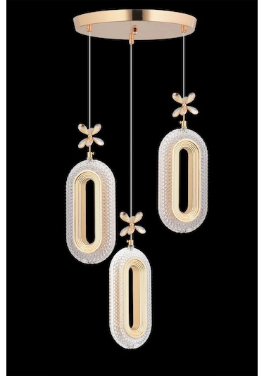 Led Alfa 3'li Gold 3 Renk Ledli Kristal Taşlı Modern Led Avize Gold