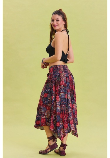 Beli Bağlamalı Salaş Midi Kloş Etek Kırmızı