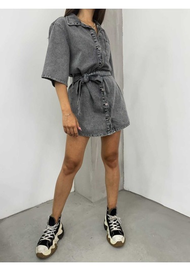 Shevega Kadın Füme Kuşakli Tek Cep Kısa Kot Elbise Füme