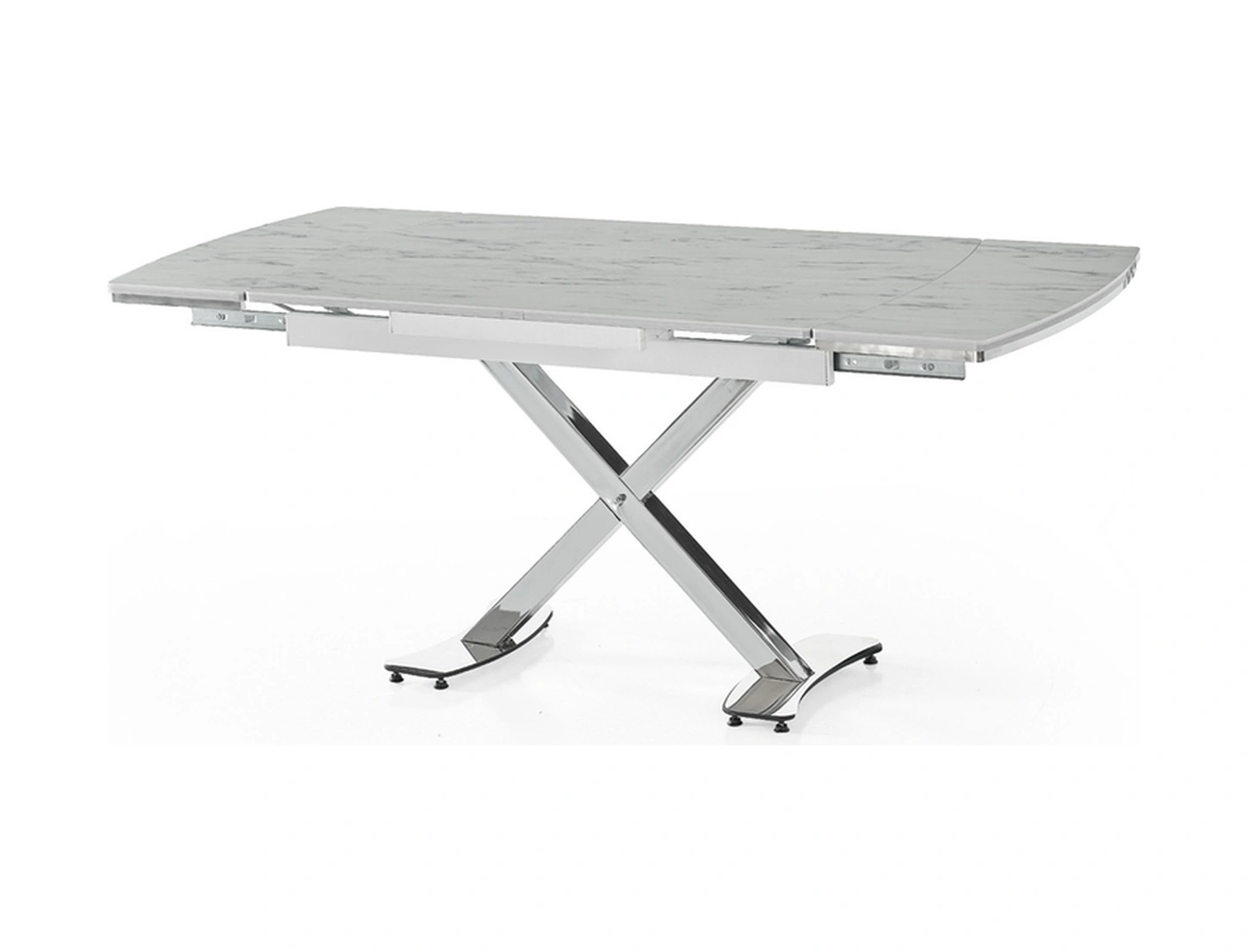 Dengema Diamond Açılır Kapanır Masa Beyaz Mermer, Krom Ayak, 80 120/180 Cm, 4 6 Kişilik Sandalyesiz Beyaz Mermer - Krom Ayak