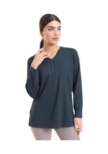 Kadın Orta Yaş ve Üzeri Dört Mevsim V Yaka Rahat Kalıp Likralı Viskoz Anne Penye Bluz 140-Koyu Yeşil