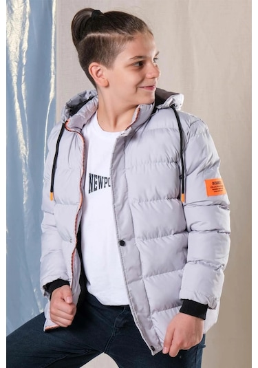 Kapüşonlu İçi Polar Astarlı Erkek Çocuk Şişme Mont Gri