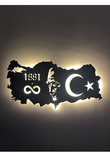 Özel Atatürk Ve Türkiye Haritası Led Işıklı Tasarım Tablo Ahşap D