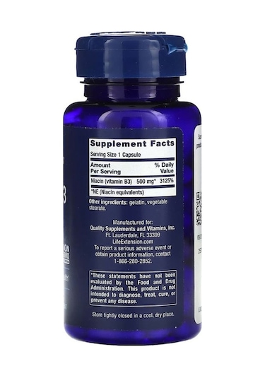 Life Extension, Vitamin B3 Niacin, 500 Mg, 100 Kapsül