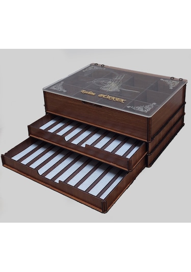 Aswood 3 Katlı Çekmeceli Ahşap Tesbih Ve Saat Koleksiyon Kutusu