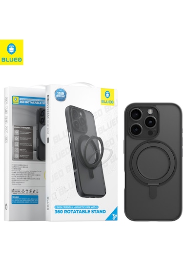 Apple Uyumlu iPhone Blueo 16 Pro Skin Friendly 360 Rotatable Magsafe Standlı Siyah Telefon Kılıfı
