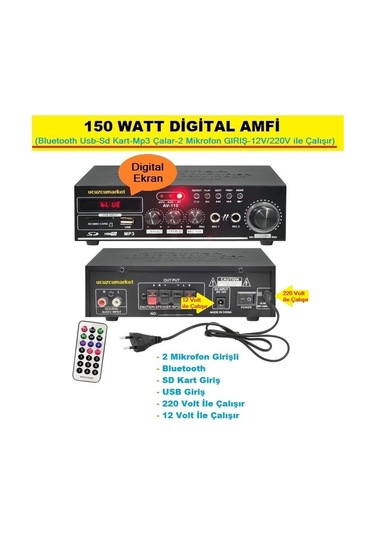 150 Watt Seslendirme Amfi Bluetooth Usb-sd Kart-mp3 Çalar-2 Mikrofon Gırış-12v/220v
