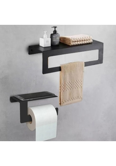 Hvngroup Metal 2 Parçalı Set 30 Cm Havlu Ve Tuvalet Kağıdı Askısı Siyah