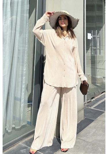 Kadın Bej Uzun Tunik Gömlek & Beli Lastikli, Bol Paça Pantolon - Salaş Bürümcük Takım Bej