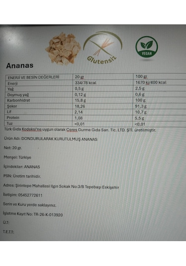 Dondurularak Kurutulmuş Ananas 20 G