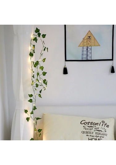 Qingmipy Yapay Tatlı Patates Yapraklı 2.2m 25 Işıklı Bakır Tel Dekoratif Oda Aydınlatma Yeşil
