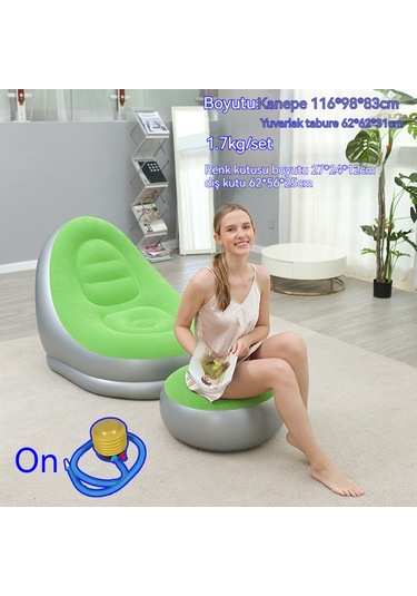 Ikkb Şişme Tembel Koltuk Pedal İle İki Parçalı Taşınabilir Dış Mekan Mobilya Ayak Pompalı Yeşil Yeşil