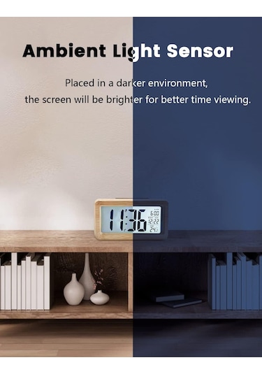 Singree Ahşap Dijital Alarm Saat - Büyük Lcd Ekran, Işık Sensörü, Snooze Ve Sicaklık Gösterimi - Pil İle Çalışır Pil Hariç