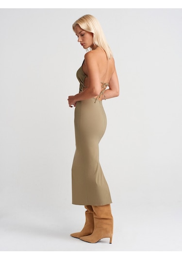 Dilvin 91518 Halter Yaka Midi Elbise-çağla Çağla