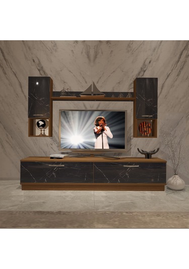 Decoraktiv Eko 5dab Mdf Std Tv Ünitesi Tv Sehpası Ceviz - Siyah Mermer
