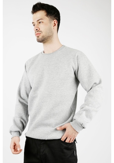 Uniprom Sıfır Yaka Sweatshirt Kalın Kumaş İçi Şardonlu Gri Erkek Açık Gri