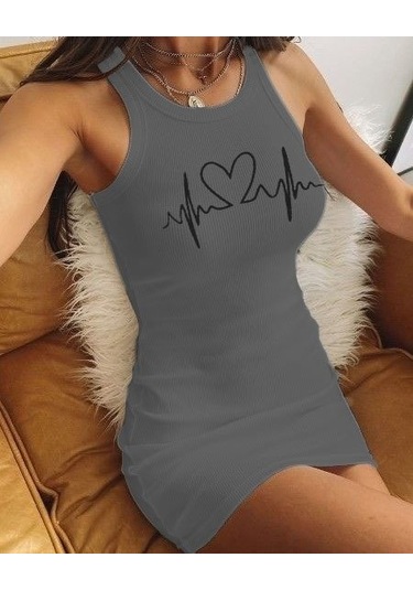 Ritim Kalp Baskılı Sıfır Kol Kaşkorse Elbise Gri