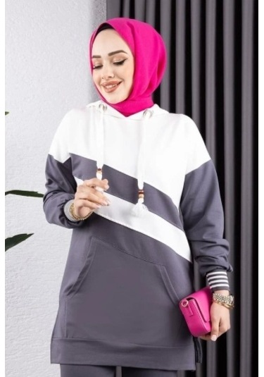 Çapraz Garnili Ribanalı Spor Takım Antrasit Ekru Çok Renkli