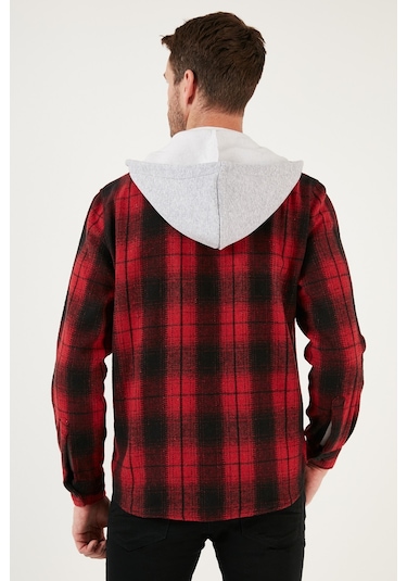 Buratti Ekoseli Çift Cepli Kapüşonlu Oduncu Erkek Gömlek Cf22W2650 Kırmızı-Siyah