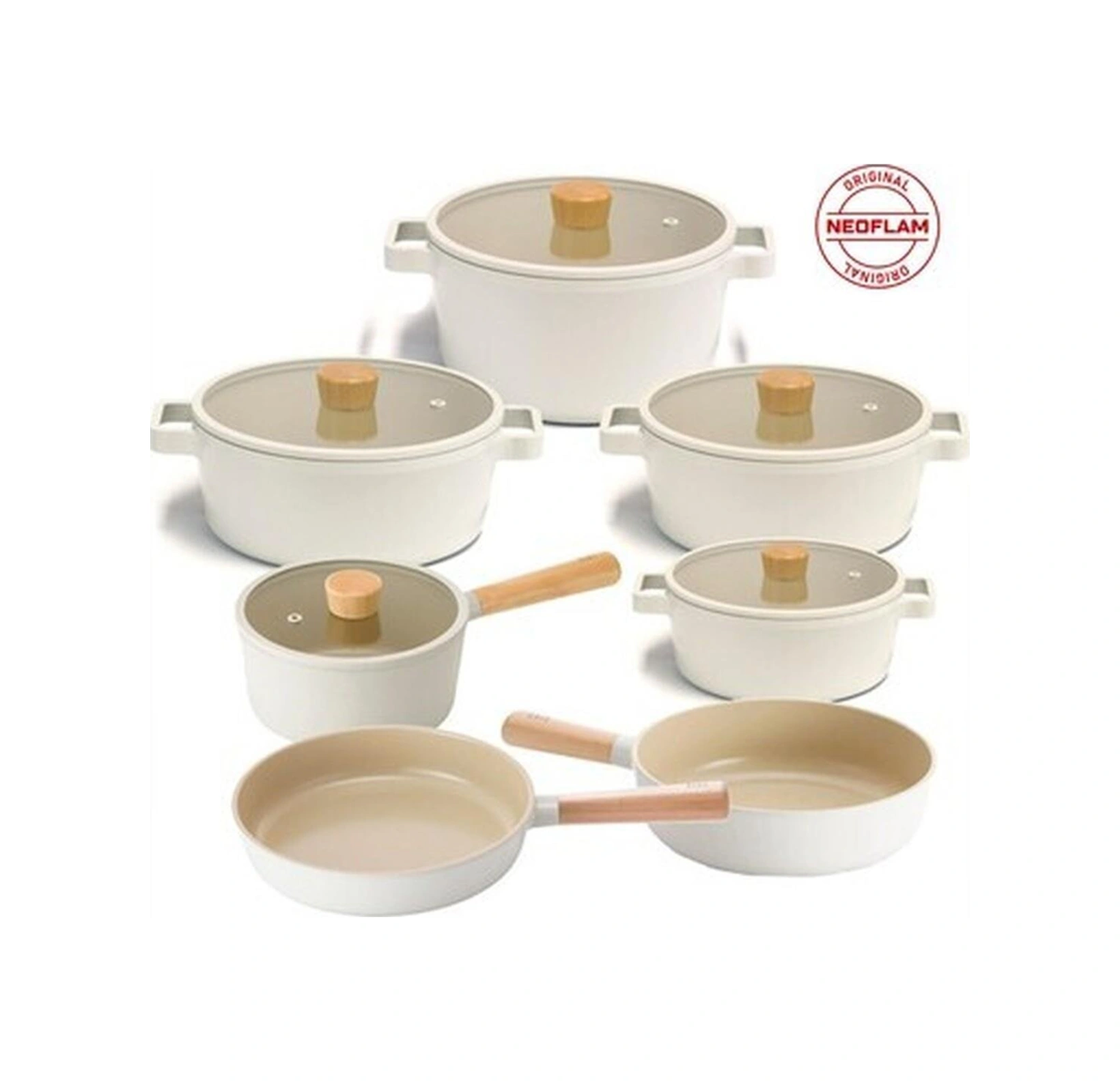 Neoflam Fika Alüminyum Döküm Cam Kapaklı 12 Parça Tencere & Tava Seti Bej 26 Wok 26 Tava Bakır - Siyah