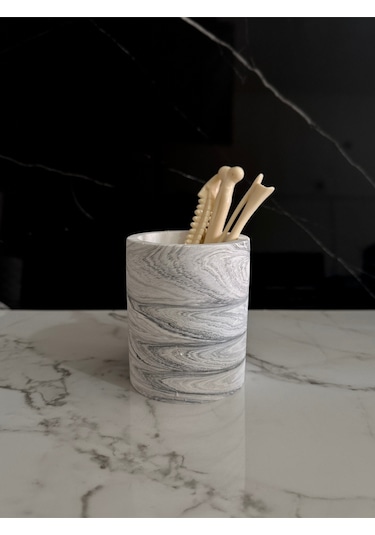 Beton Kalemlik Ofis Masaüstü Dekoratif Kalem Kutusu El Yapımı Silindir Minik Beton Obje Diş Fırçalık Beyaz-siyah