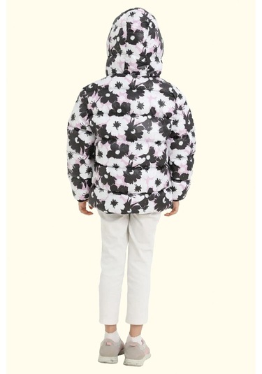 Kız Çocuk Pusula Desen Polar Su Ve Rüzgar Geçirmez Kapüşonlu Şişme Kışlık Mont Beyaz