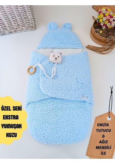 Peluş Bebek Dış Kundağı Oyuncaklı Uyku Tulumu Hastane Çıkışı Hediyelik Sarma Battaniye Mavi