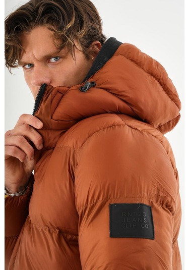 Erkek Kapüşonlu Fermuarlı Cepli Kışlık Şişme Kısa Mont KİREMİT