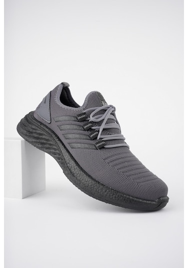 Muggo Montag Garantili Günlük Ortopedik Kaymaz Taban Bağcıklı Çizgili Erkek Sneaker Spor Ayakkabı Füme