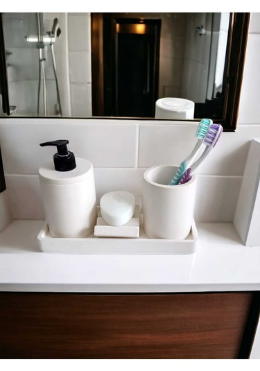 4'lü Kırık Beyaz Banyo Seti , Sıvı Sabunluk Diş Fırçalığı Beton Aksesuar Takım Beyaz