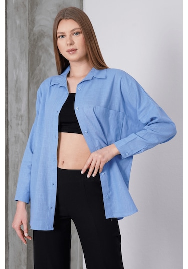 Paw Garage Kadın London Keten Tek Cepli Oversize Gömlek, Premium Kalite Keten Gömlek Mavi
