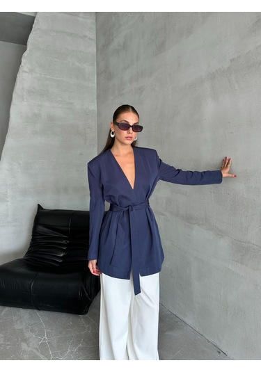 Lacivert Elegant Kuşaklı Ceket Lacivert