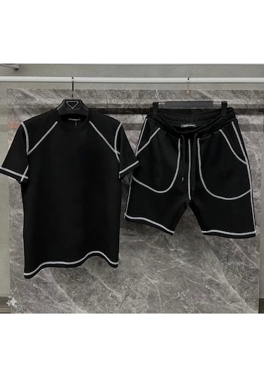 Unisex Karoyaka Dikişli Şortlu Takım - Siyah Siyah
