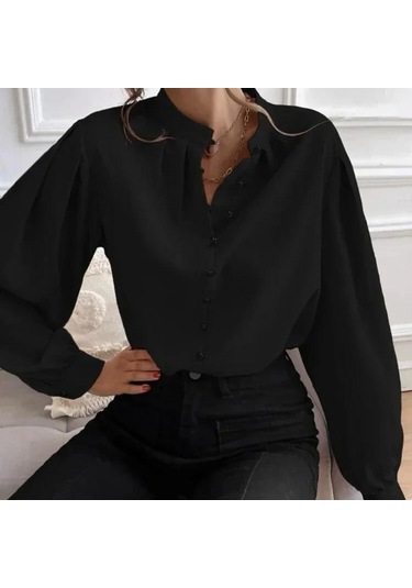 Yarım Açık Yaka Bluz 2023 Sonbahar Gömlek Kadın Düz Renk Gevşek Uzun Fener Kollu Zarif Giysiler Blusas Tops 29732 Siyah