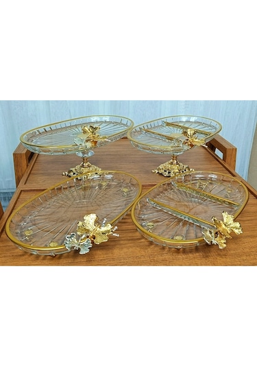 Elta Collection Yeni Seri 4 Parça Paşabahçe Gold Yaldızlı Metal Ayaklı Sunum Seti Kurabiyelik Hediyelik Gold Oval