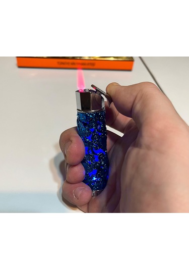 Özel Tasarım Ejderha Desenli Işıklı Gazlı Lüx Çakmak Mavi