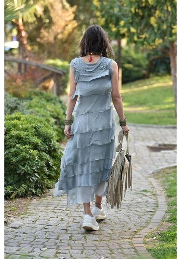 Italyan 2 Beden İnce Gösteren Kat Kat Kolsuz Ipek Elbise Koyu Gri