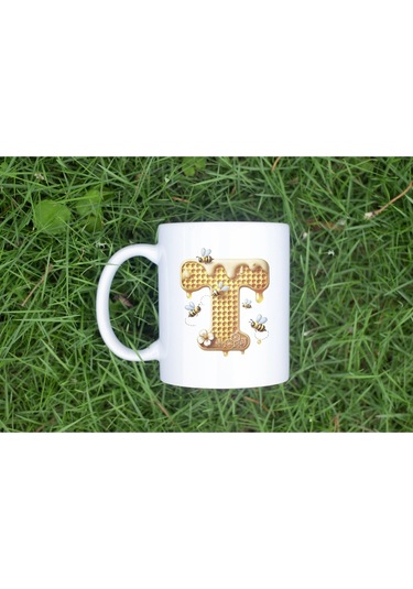 T Harfi Bal Arısı Tasarım Kupa Bardak - Bal Ve Petek Desenli Kişiye Özel Kahve Kupası - Hediyelik Beyaz