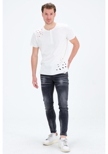 Erkek Gri Slim Fit Taş Yıkamalı Kot Pantolon 001