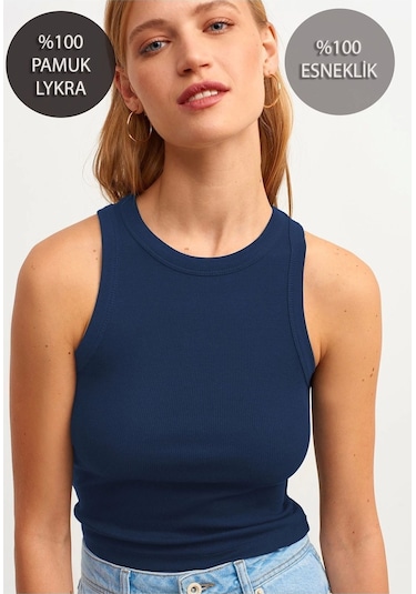 Mea Capio Kadın Lacivert Fitilli T-shirt Halter Yaka Örme Atlet Lacivert