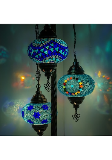 El Yapımı Otantik Boho Mozaik Renkli Cam 3'lü Lambader Köşe Lambası Lambader