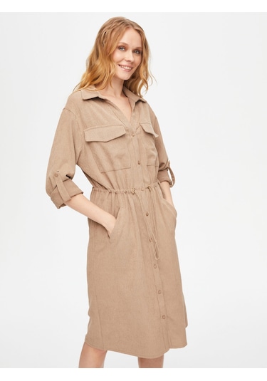 Kendinden Dokulu Şönil Gömlek Elbise 69228 U6922872 Taş