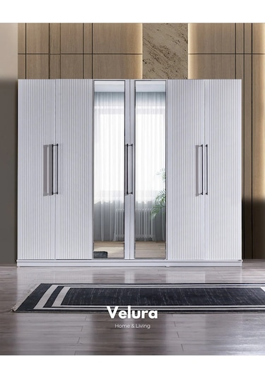 Stil Beyaz Modern 6 Kapaklı Aynalı Gardırop Dolap