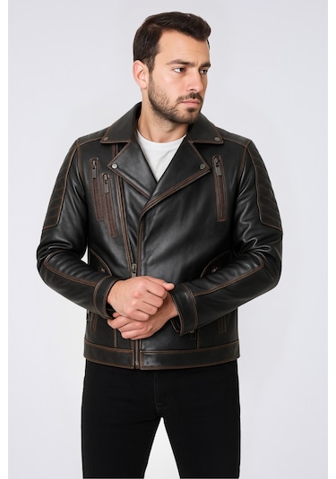 Derije Lucas Hakiki Deri Erkek Vintage Eskitme Biker Motorcu Tarzı Ceket-Mont