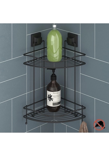 Banyo Köşe Rafı Kendinden Yapışkanlı 2 Katlı Kancalı Easyfix Siyah Siyah