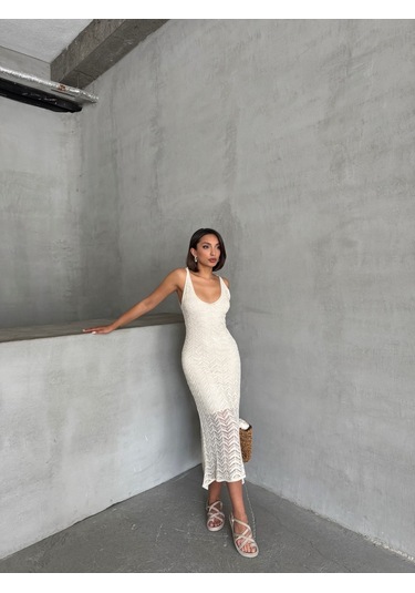 Kadın Askılı Ajurlu Yazlık Triko Elbise Krem